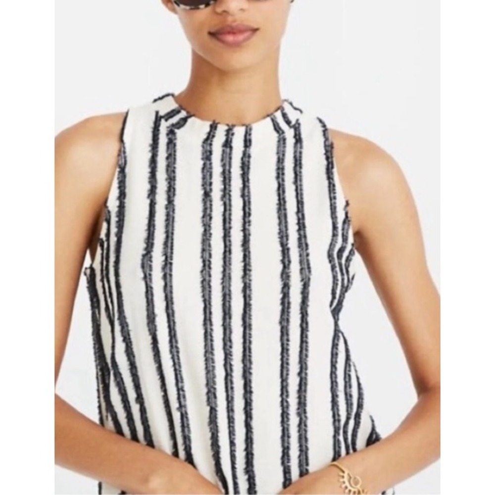Madewell Texture & Thread Navy Cream Striped Eyelash Fringe Tank Top Small